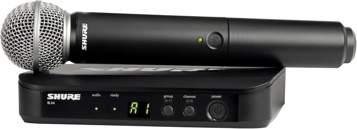 Shure BLX24/SM58 Handheld Wireless Audio System H11 Band (572–596 MHz) – BLX4 Receiver, BLX2 Transmitter with SM58 Dynamic Mic, Up to 14 Hr Battery, 300 ft Range