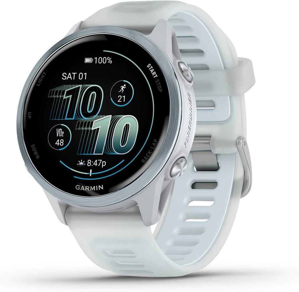 Garmin Forerunner® 570, 42mm, Aluminum, Whitestone/Cloud Blue | Smaller-Sized Advanced GPS Running & Triathlon Smartwatch, AMOLED Display, Training & Recovery Features