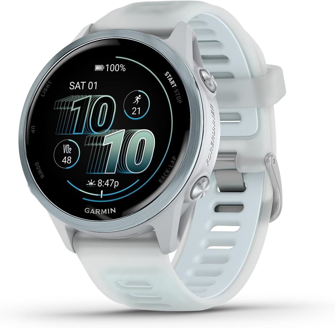 Garmin Forerunner® 570, 42mm, Aluminum, Whitestone/Cloud Blue | Smaller-Sized Advanced GPS Running & Triathlon Smartwatch, AMOLED Display, Training & Recovery Features