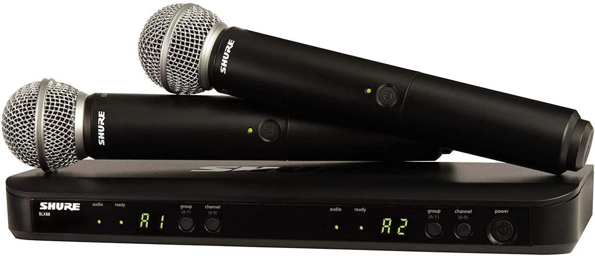 Shure BLX288/SM58 Dual-Channel Wireless Audio System J11 Band (596–620 MHz) – BLX88 Receiver, (2) BLX2 Transmitters with SM58 Dynamic Mic, Up to 14 Hr Battery, 300 ft Range