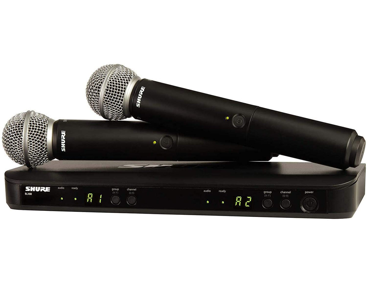 Shure BLX288/SM58 Dual-Channel Wireless Audio System H9 Band (512–542 MHz) – BLX88 Receiver, (2) BLX2 Transmitters with SM58 Dynamic Mic, Up to 14 Hr Battery, 300 ft Range