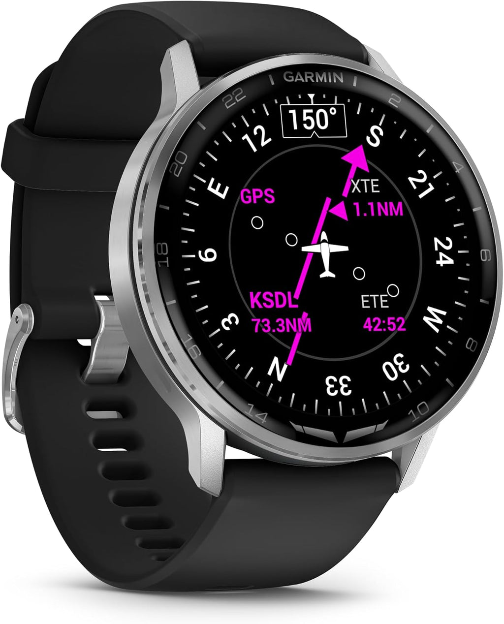 Garmin D2™ Air X15, Versatile Aviator Smartwatch with GPS, LED Flashlight, Health and Fitness Features, Aviation Weather, Built-in Microphone/Speaker, Silver with Black Silicone Band