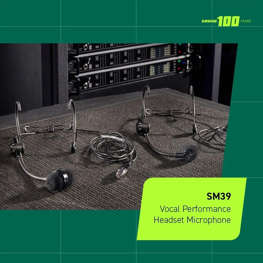 Shure SM39 Headset Microphone - Vocal Performance Cardioid Headworn Mic compatible with Axient Digital, Secure Low Profile Fit, Ergonomic Design, Indoor/Outdoor Windscreens, Sweat Resistant (SM39-TQG)
