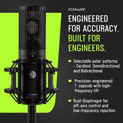 Shure KSM44MP Large Diaphragm Multi-Pattern Microphone - 1” Capsule, Selectable Patterns, Flat Response, Low Self-Noise, Includes Shock Mount & Pop Filter