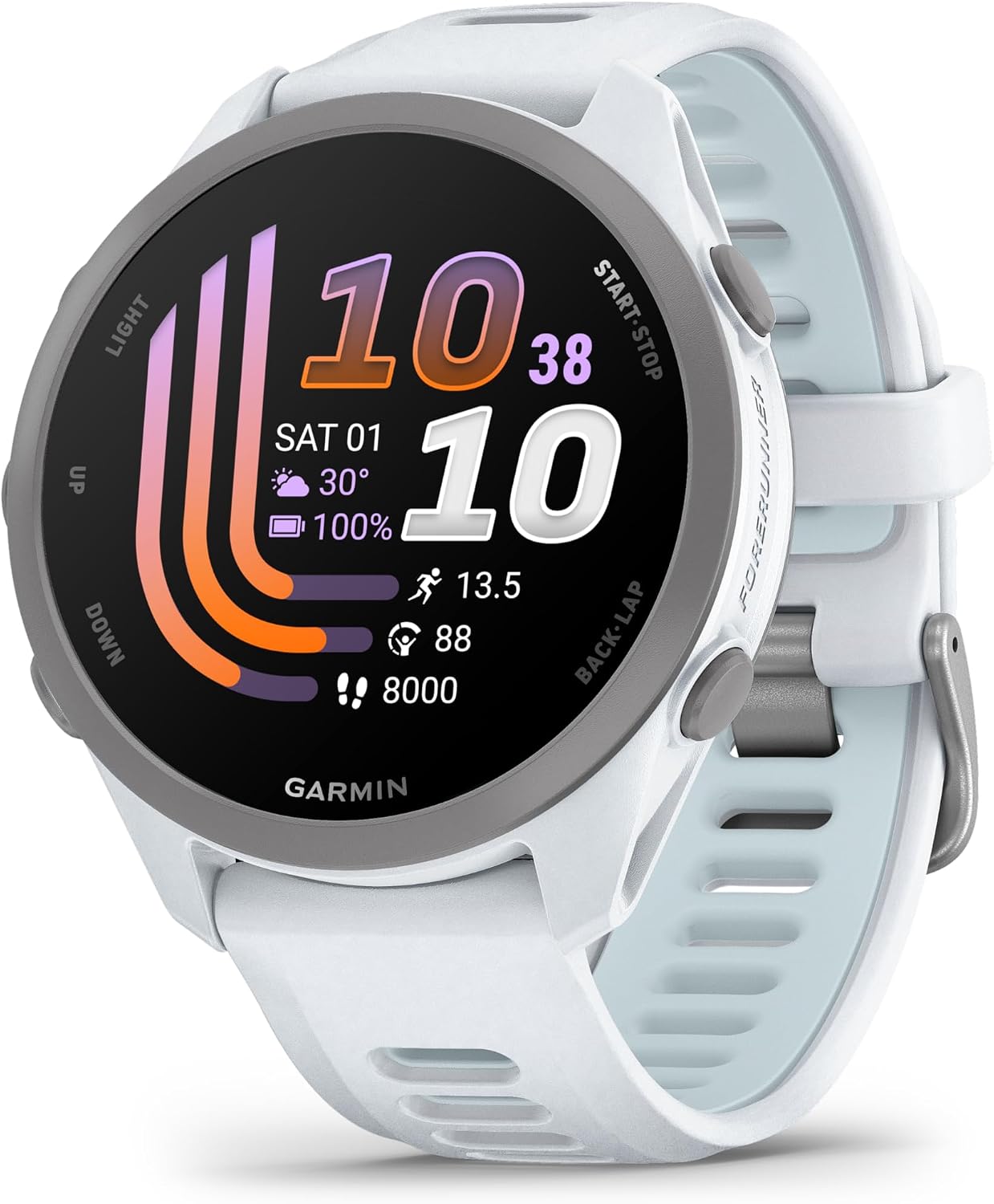 Garmin Forerunner® 170 Music, 43mm, Whitestone/Cloud Blue | GPS Running Smartwatch, Music On Your Wrist, Pace & Distance, Daily Suggested Workouts, Garmin Coach, Adaptive Training Plans