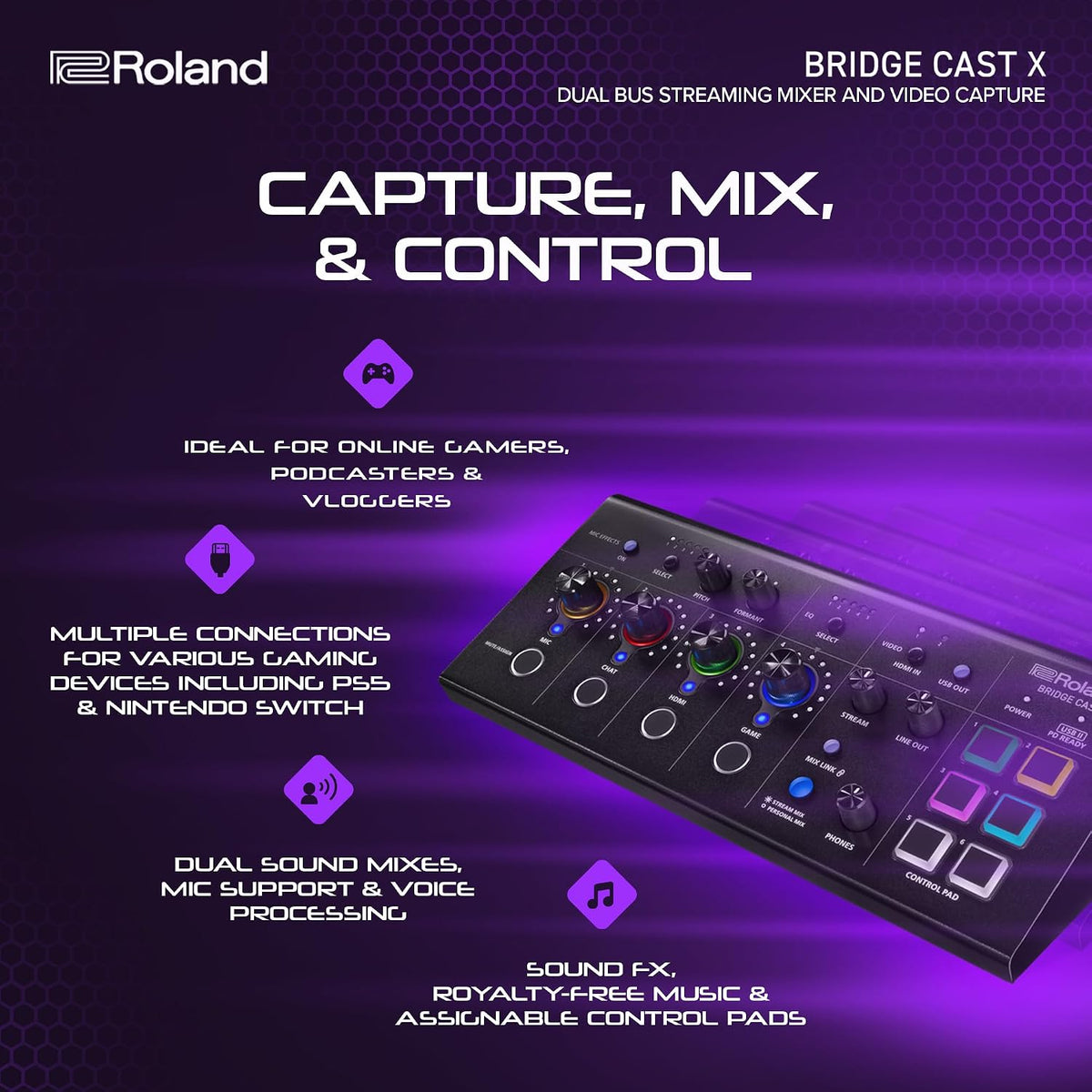 Roland BRIDGE CAST X Dual Bus Gaming Mixer & Video Capture | Pro Audio Streaming Interface for Online Gamers & More | 32-Bit Hardware DSP | USB-C Windows and Mac Connectivity | XLR Mic Support