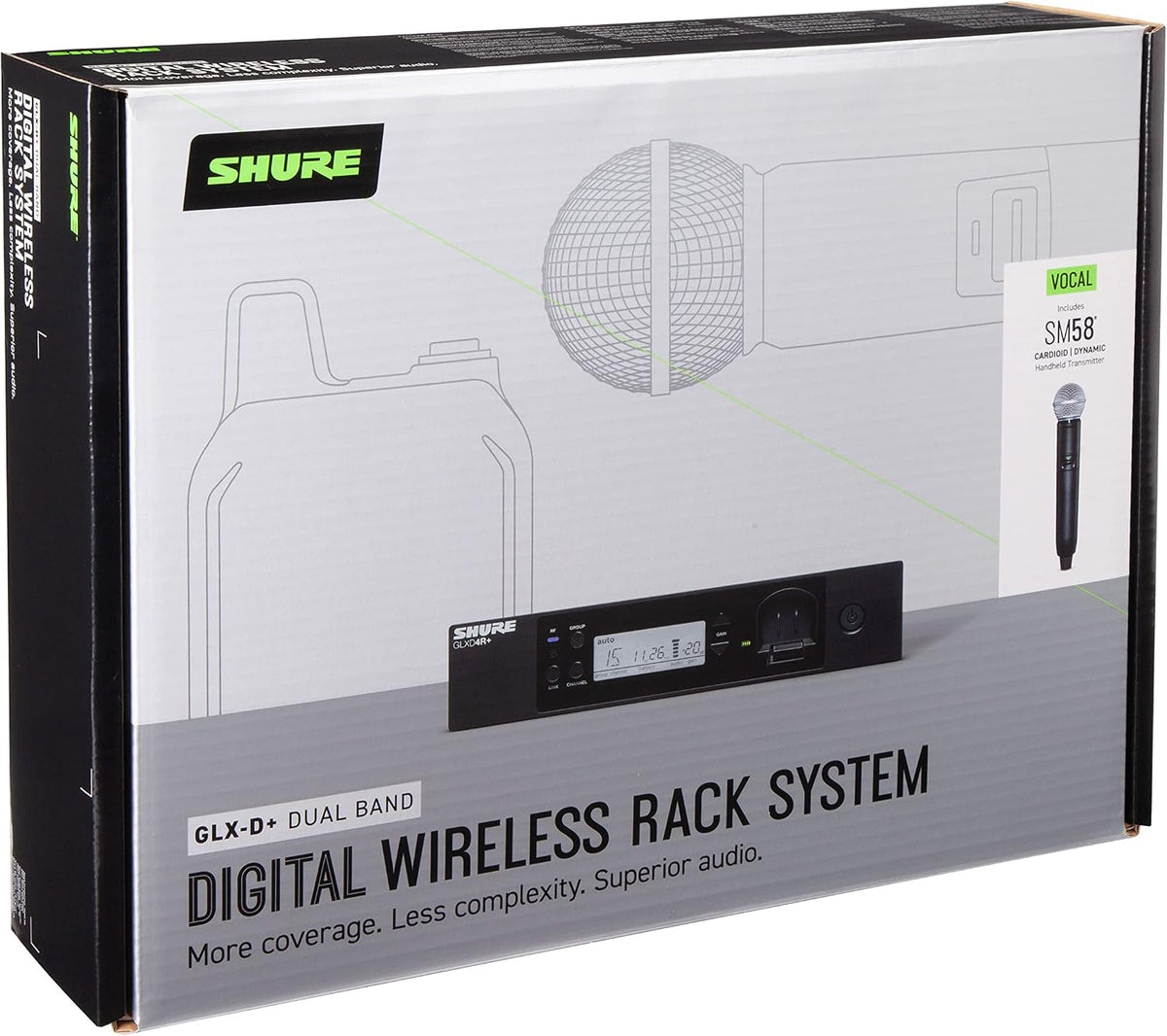 Shure GLXD24R+/SM58 Dual Band Pro Digital Wireless Microphone System - 12-Hour Battery Life, 100 ft Range | SM58 Handheld Vocal Mic, Single Channel Rack Mount Receiver (GLXD24R+/SM58-Z3)