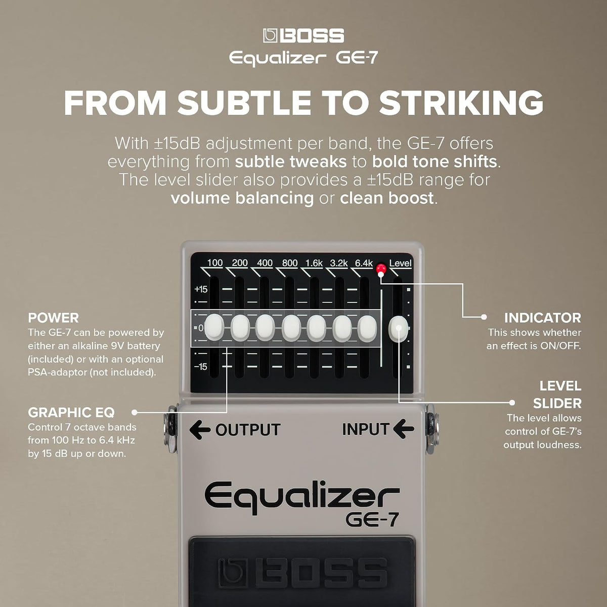 BOSS GE-7 Equalizer | Compact Graphic Equalizer Pedal | Tailored for Guitarists | 7 Bands of EQ Sliders | Guitar-Optimized Frequencies | ±15dB Boost/Cut Per Band | Level Slider for Volume Adjustments
