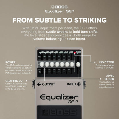 BOSS GE-7 Equalizer | Compact Graphic Equalizer Pedal | Tailored for Guitarists | 7 Bands of EQ Sliders | Guitar-Optimized Frequencies | ±15dB Boost/Cut Per Band | Level Slider for Volume Adjustments