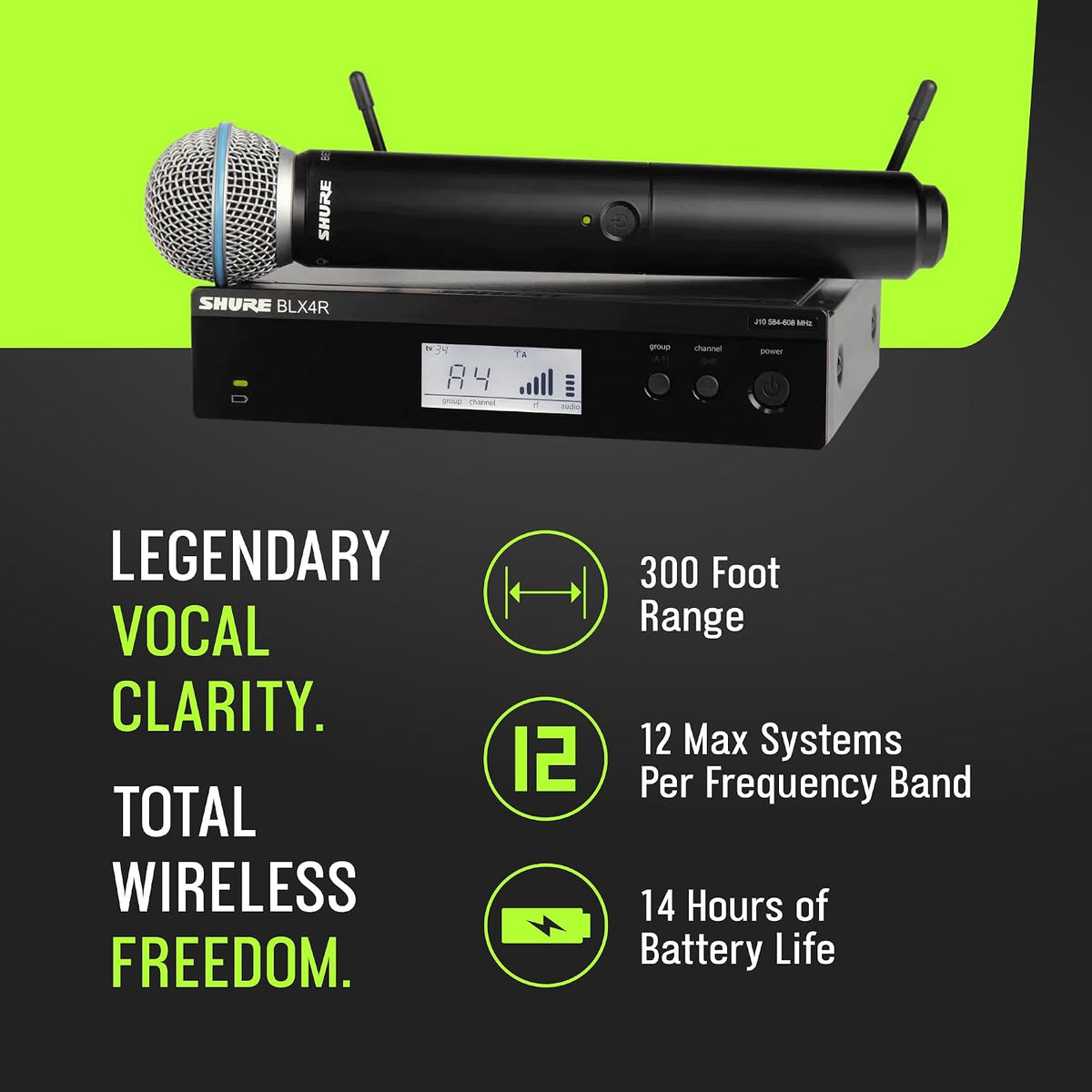 Shure BLX24R/B58 Rack-Mount Wireless Audio System J11 Band (596–620 MHz) – BLX4R Receiver, BLX2 Transmitter with Beta 58A Mic, Up to 14 Hr Battery, 300 ft Range