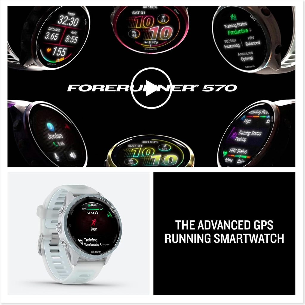 Garmin Forerunner® 570, 42mm, Aluminum, Whitestone/Cloud Blue | Smaller-Sized Advanced GPS Running & Triathlon Smartwatch, AMOLED Display, Training & Recovery Features
