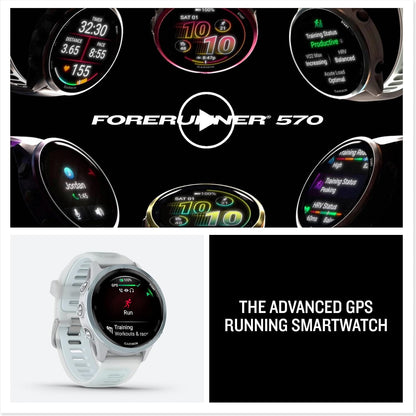 Garmin Forerunner® 570, 42mm, Aluminum, Whitestone/Cloud Blue | Smaller-Sized Advanced GPS Running & Triathlon Smartwatch, AMOLED Display, Training & Recovery Features