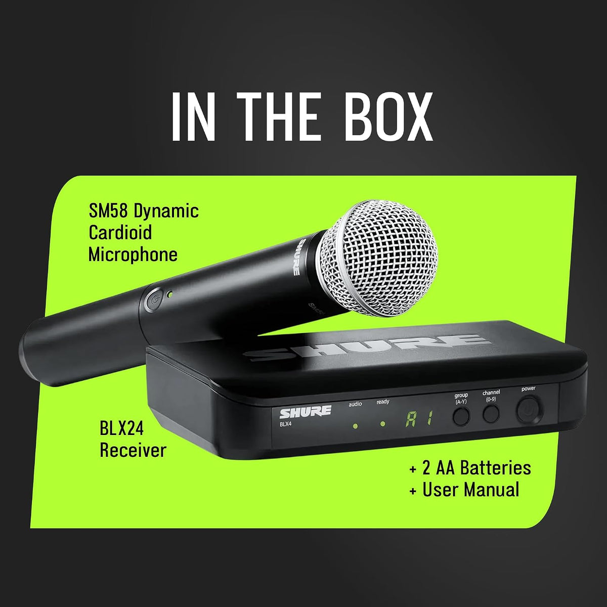 Shure BLX24/SM58 Handheld Wireless Audio System J11 Band (596–620 MHz) – BLX4 Receiver, BLX2 Transmitter with SM58 Dynamic Mic, Up to 14 Hr Battery, 300 ft Range