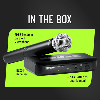 Shure BLX24/SM58 Handheld Wireless Audio System J11 Band (596–620 MHz) – BLX4 Receiver, BLX2 Transmitter with SM58 Dynamic Mic, Up to 14 Hr Battery, 300 ft Range