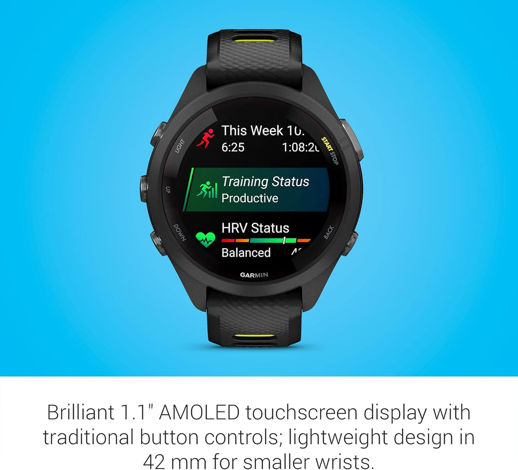 Garmin Forerunner® 265S, Running Smartwatch, 42mm, Black/Amp Yellow | Advanced Training Metrics & Recovery Insights, Music On Your Wrist, Garmin Coach, Daily Suggested Workouts