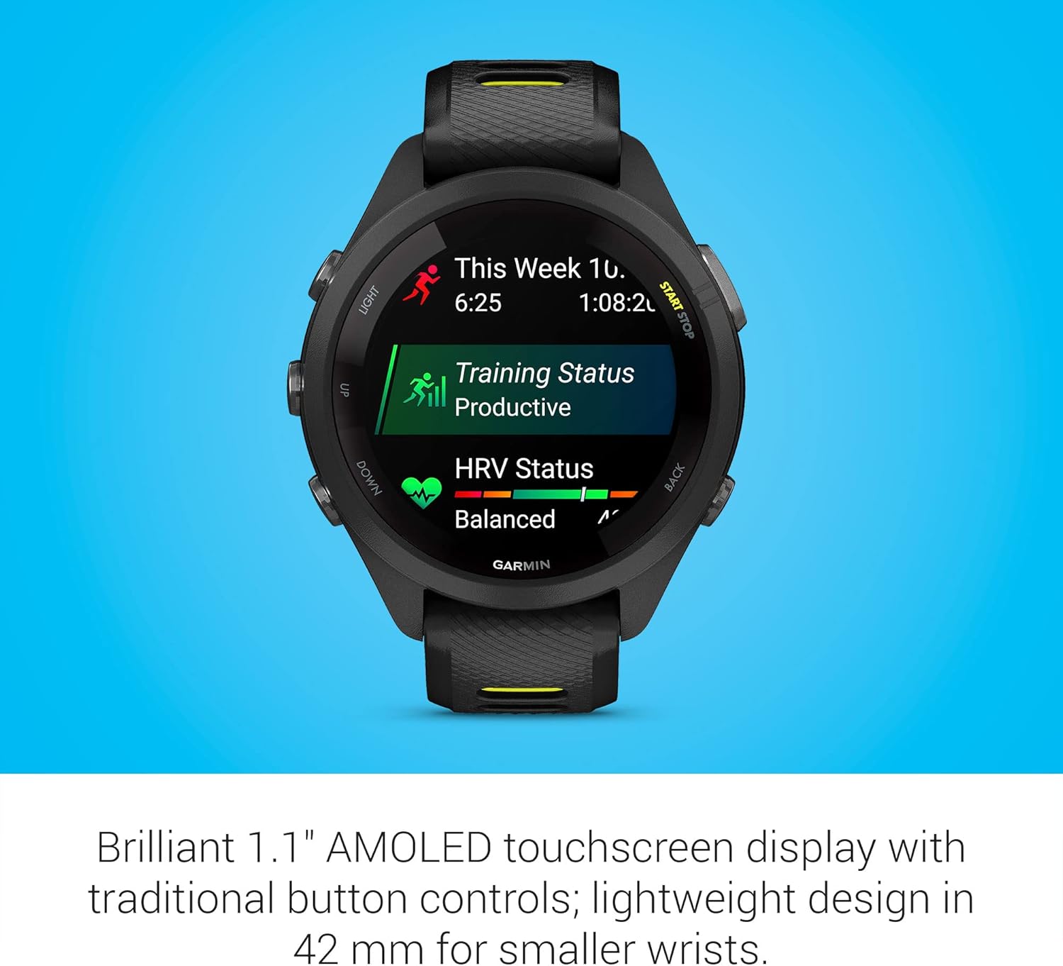 Garmin Forerunner® 265S, Running Smartwatch, 42mm, Black/Amp Yellow | Advanced Training Metrics & Recovery Insights, Music On Your Wrist, Garmin Coach, Daily Suggested Workouts