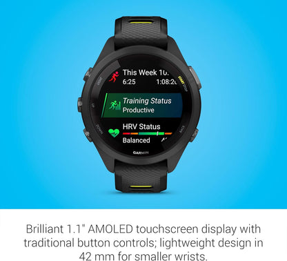 Garmin Forerunner® 265S, Running Smartwatch, 42mm, Black/Amp Yellow | Advanced Training Metrics & Recovery Insights, Music On Your Wrist, Garmin Coach, Daily Suggested Workouts