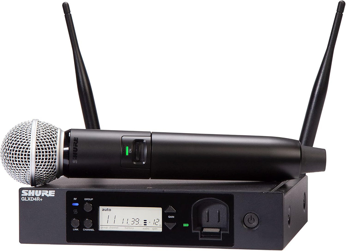 Shure GLXD24R+/SM58 Dual Band Pro Digital Wireless Microphone System - 12-Hour Battery Life, 100 ft Range | SM58 Handheld Vocal Mic, Single Channel Rack Mount Receiver (GLXD24R+/SM58-Z3)