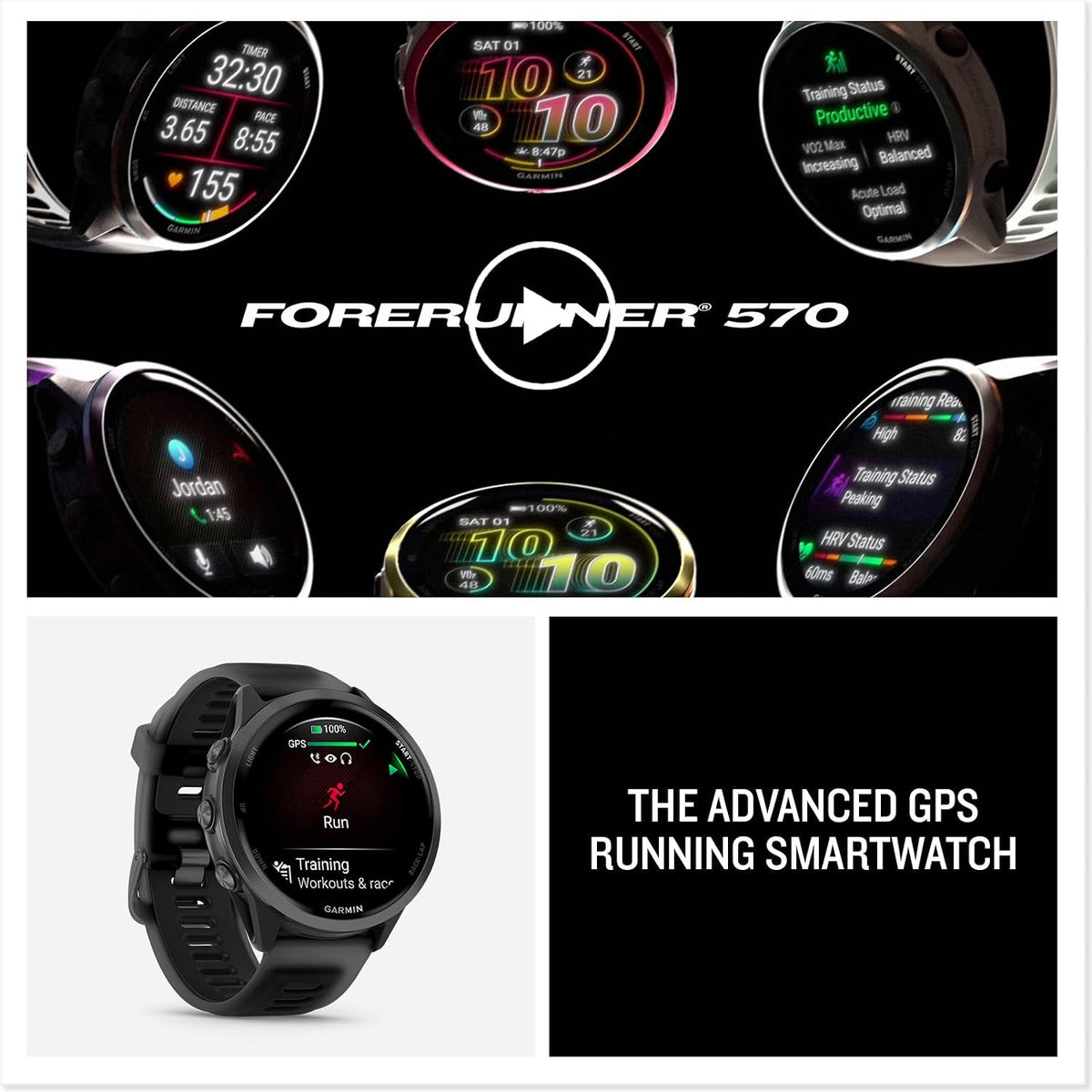 Garmin Forerunner® 570, 47mm, Aluminum, Black | Advanced GPS Running & Triathlon Smartwatch, AMOLED Display, Training & Recovery Features