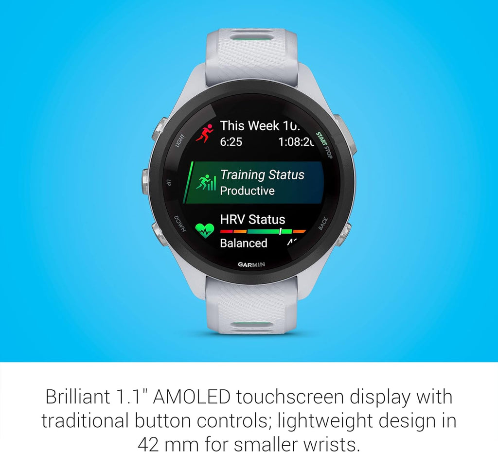 Garmin Forerunner® 265S, Running Smartwatch, 42mm, Whitestone/Neo Tropic | Advanced Training Metrics & Recovery Insights, Music On Your Wrist, Garmin Coach, Daily Suggested Workouts