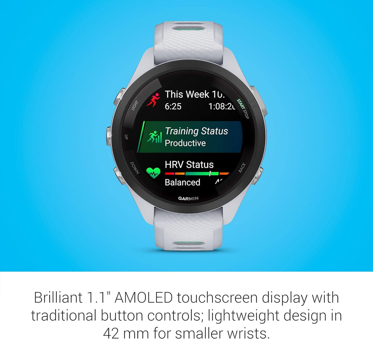 Garmin Forerunner® 265S, Running Smartwatch, 42mm, Whitestone/Neo Tropic | Advanced Training Metrics & Recovery Insights, Music On Your Wrist, Garmin Coach, Daily Suggested Workouts