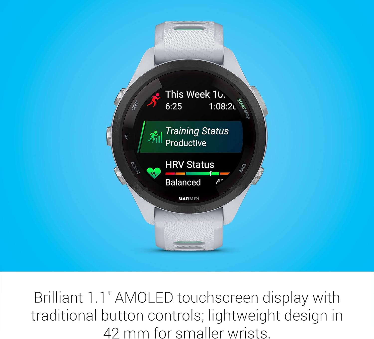 Garmin Forerunner® 265S, Running Smartwatch, 42mm, Whitestone/Neo Tropic | Advanced Training Metrics & Recovery Insights, Music On Your Wrist, Garmin Coach, Daily Suggested Workouts