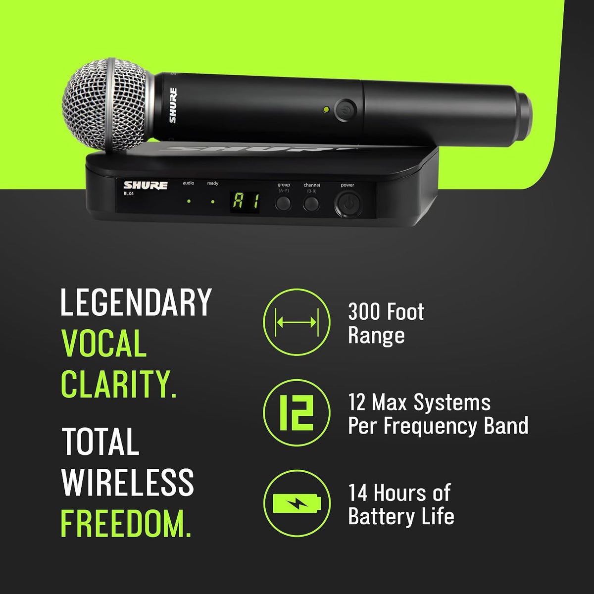 Shure BLX24/SM58 Handheld Wireless Audio System J11 Band (596–620 MHz) – BLX4 Receiver, BLX2 Transmitter with SM58 Dynamic Mic, Up to 14 Hr Battery, 300 ft Range