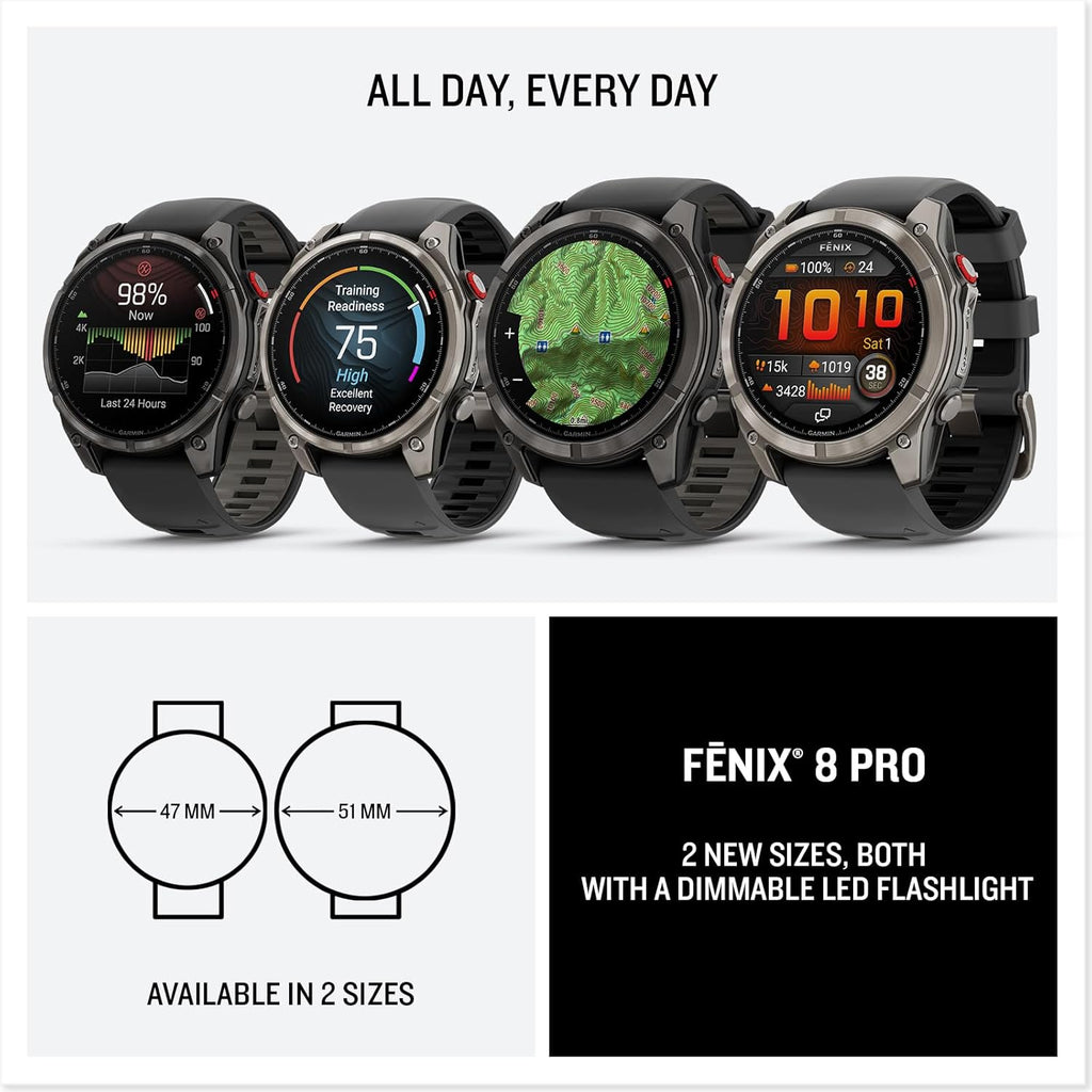 Garmin fēnix® 8 Pro, 47mm, Sapphire, Titanium, Graphite/Black | Premium Multisport Smartwatch, inReach® Technology, AMOLED Display, Built-In Flashlight, Dive-Rated, Built-In Speakers & Mic