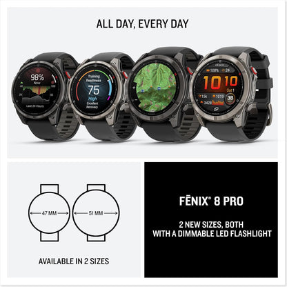 Garmin fēnix® 8 Pro, 51mm, Sapphire, DLC Titanium, Black/Pebble Gray | Premium Multisport Smartwatch, inReach® Technology, AMOLED Display, Built-In Flashlight, Dive-Rated, Built-In Speakers & Mic