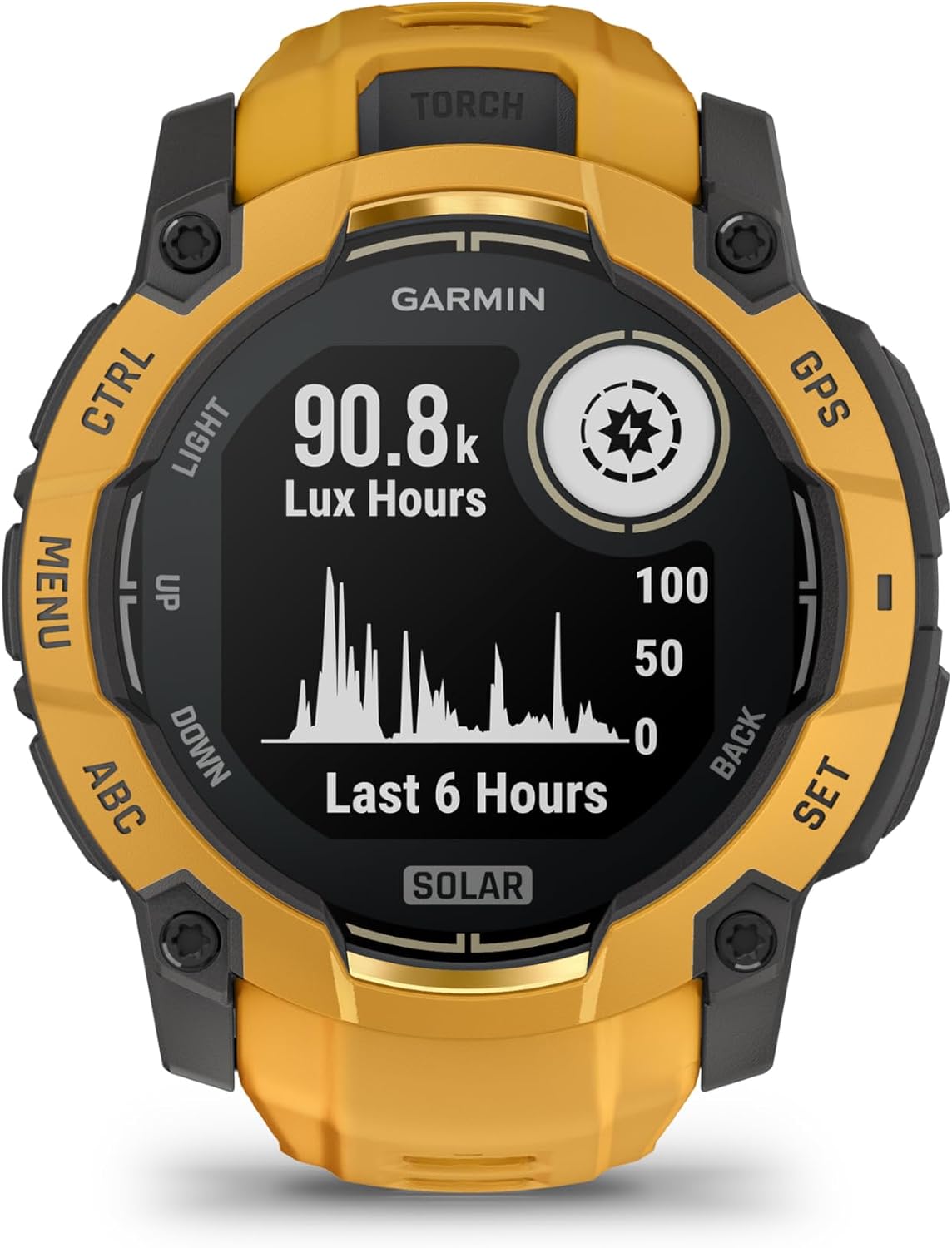 Garmin Instinct® 3 – 50 mm, Solar, Rugged Outdoor GPS Smartwatch, Built-in Flashlight, Alpine Rush Collection Limited Edition Color, Sunburst with Sunburst/Gray Band