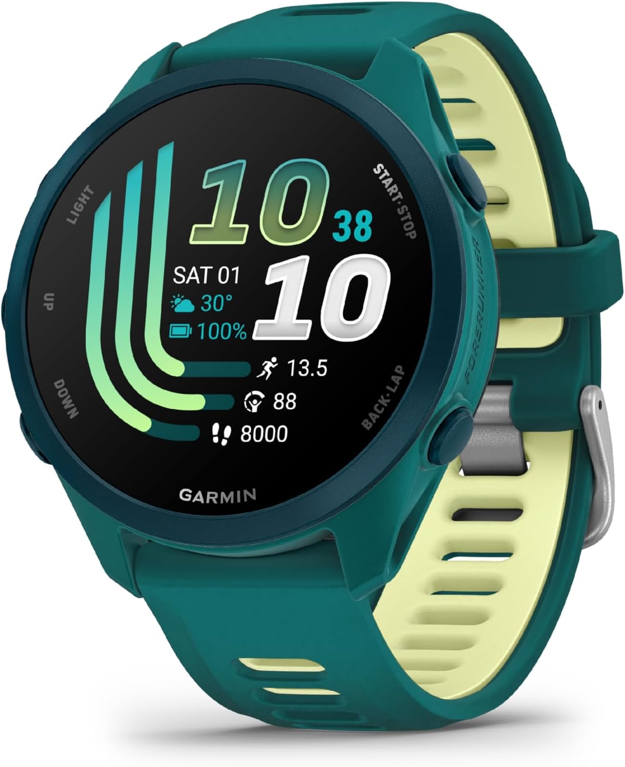Garmin Forerunner® 170 Music, 43mm, Teal Green/Citron | GPS Running Smartwatch, Music On Your Wrist, Pace & Distance, Daily Suggested Workouts, Garmin Coach, Adaptive Training Plans