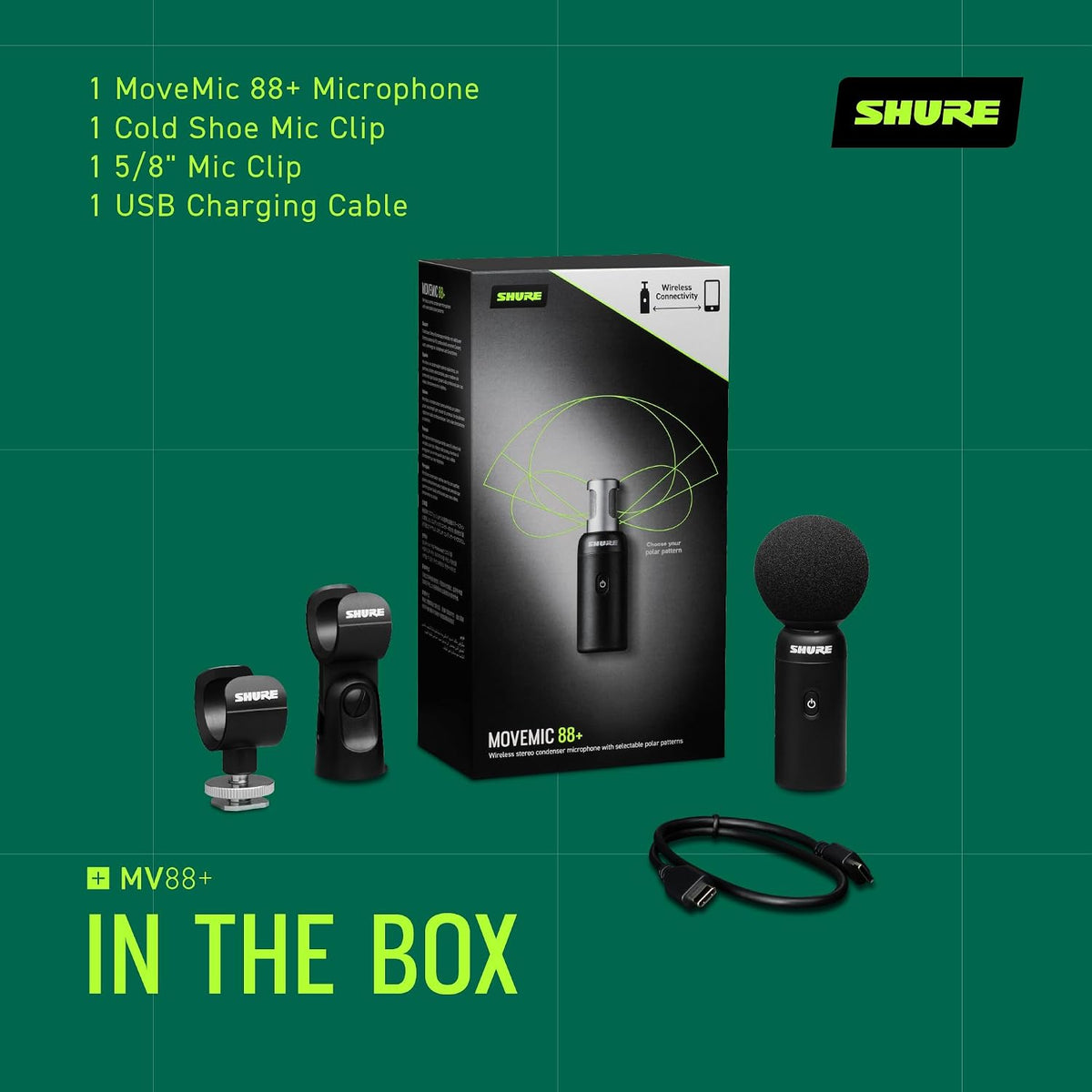 Shure MoveMic 88+ Wireless Stereo Microphone for iPhone & Android - Portable Video Recording Mic with 4 Polar Patterns, DSP Audio Controls & Direct-to-Phone Connectivity, Black