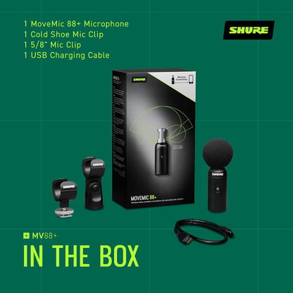 Shure MoveMic 88+ Wireless Stereo Microphone for iPhone & Android - Portable Video Recording Mic with 4 Polar Patterns, DSP Audio Controls & Direct-to-Phone Connectivity, Black