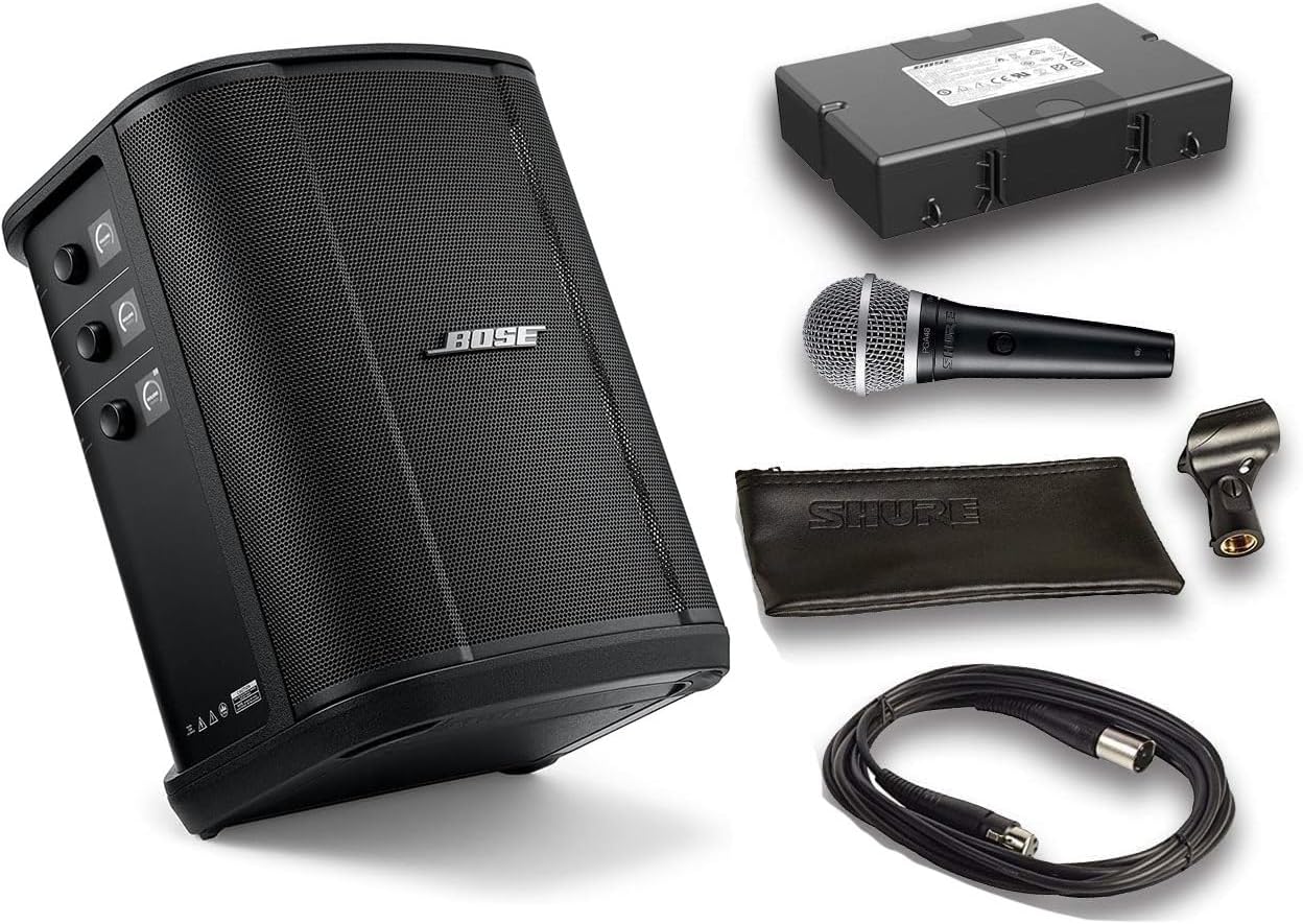 Bose S1 Pro Plus Bluetooth Speaker System Bundle with Battery, Shure PGA48 Microphone, 15ft XLR Audio Cable (6 Items)