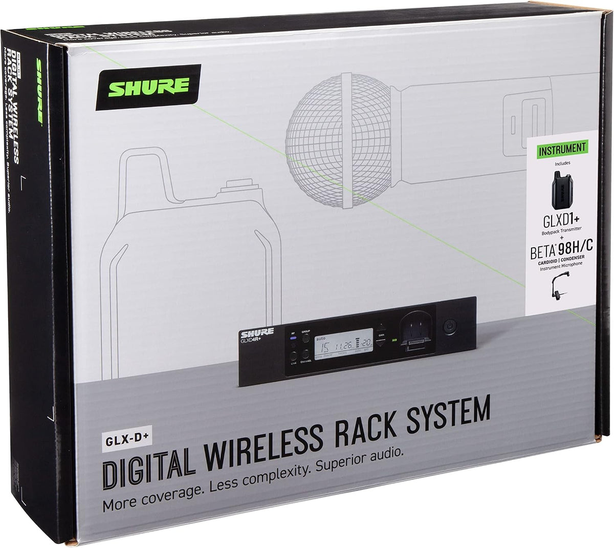 Shure GLXD14R+/B98 Dual Band Digital Wireless Microphone System for Brass, Woodwinds, Percussion - 12-Hour Battery Life, 100 ft Range, Clip-on Instrument Mic, Single Channel Rack Mount Receiver