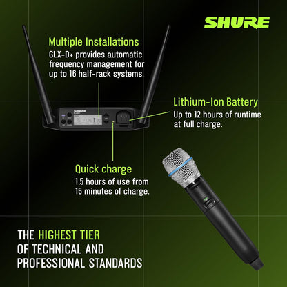 Shure GLXD24+/B87A Dual Band Pro Digital Wireless Microphone System – 12-Hour Battery, 100ft Range with BETA 87A Handheld Vocal Mic & Single Channel Receiver