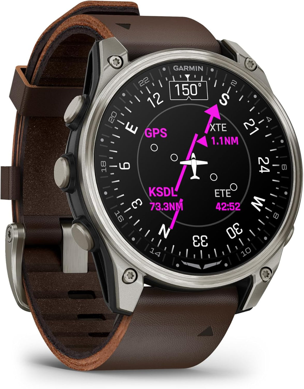 Garmin D2™ Mach 2 – 47 mm, Premium Aviator Smartwatch with GPS, Advanced Flight Maps, LED Flashlight, Built-in Microphone/Speaker for Calls and Texts, Titanium with Oxford Brown Leather Band