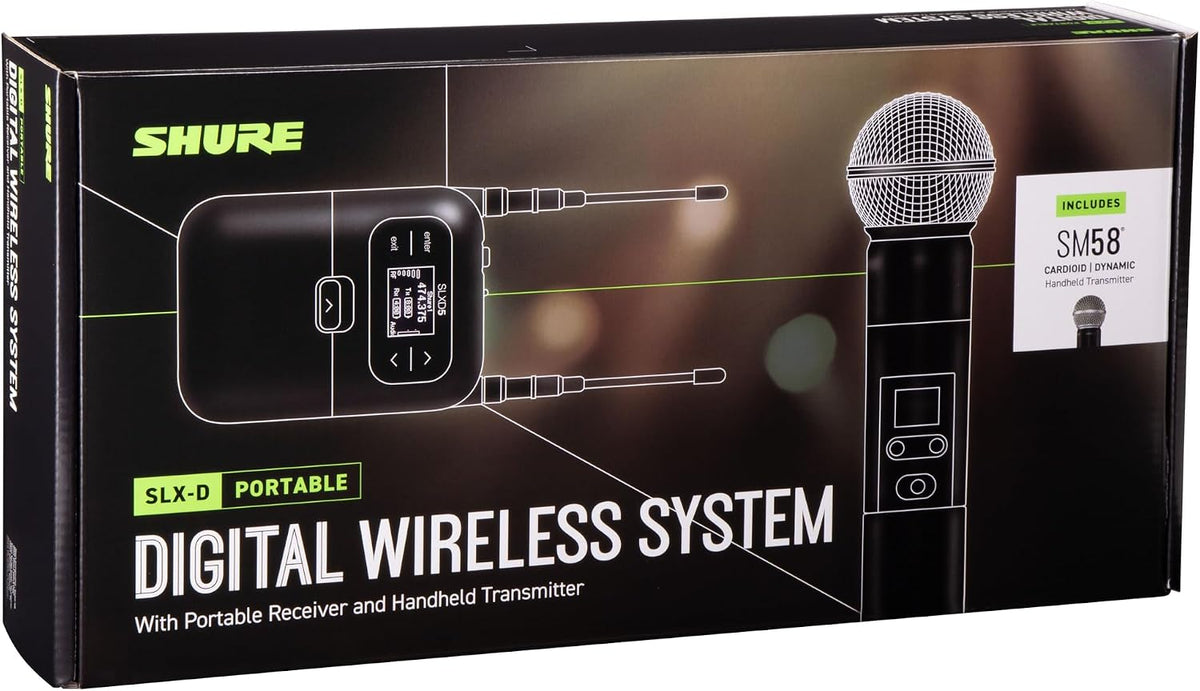 Shure SLXD25/SM58 Portable Digital Wireless System with SLXD2 Handheld Transmitter with SM58 legendary Cardioid Dynamic Vocal Microphone and SLXD5 Single-Channel Receiver | G58 Band (SLXD25/SM58-G58)