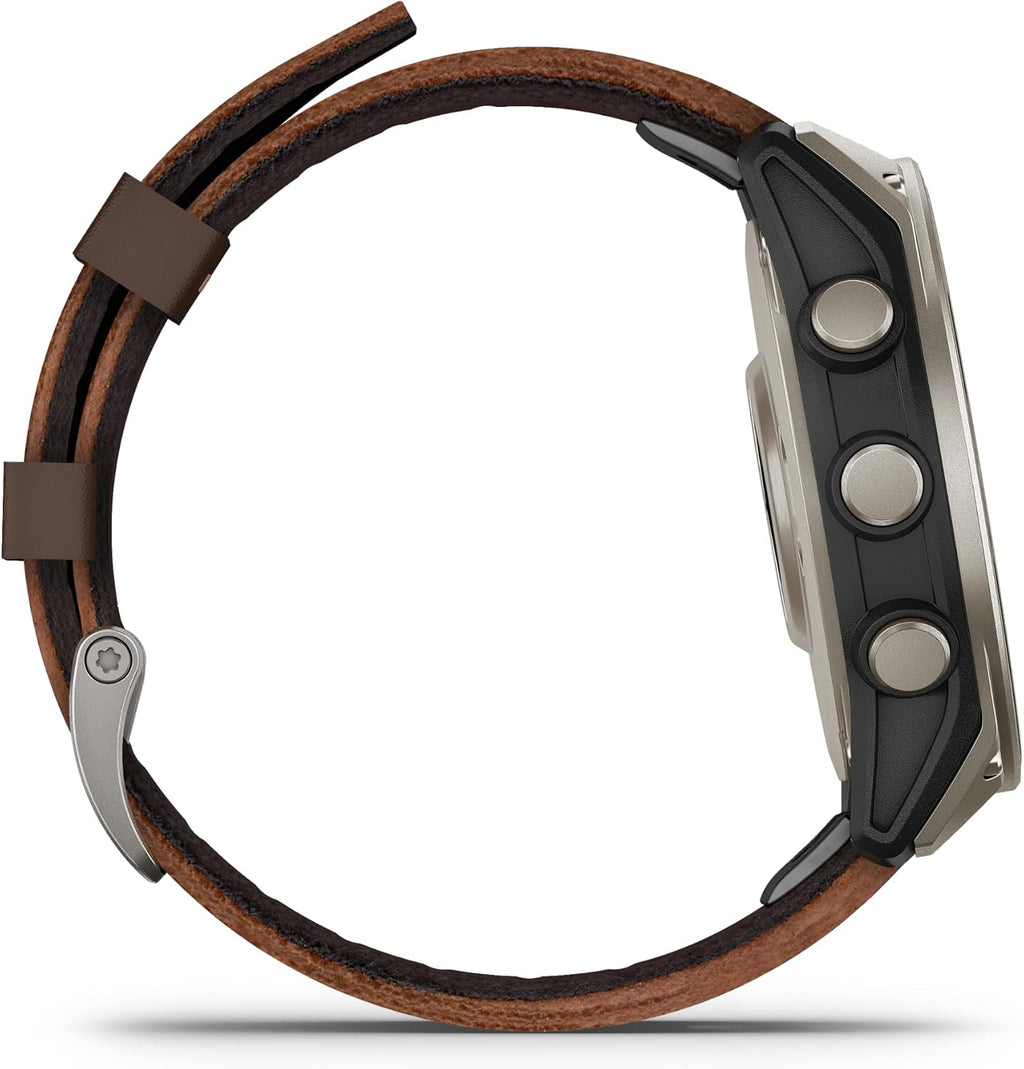Garmin D2™ Mach 2 – 47 mm, Premium Aviator Smartwatch with GPS, Advanced Flight Maps, LED Flashlight, Built-in Microphone/Speaker for Calls and Texts, Titanium with Oxford Brown Leather Band
