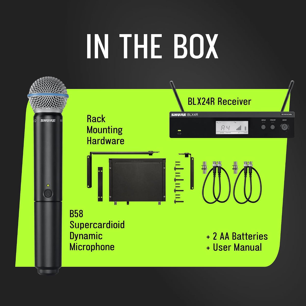 Shure BLX24R/B58 Rack-Mount Wireless Audio System J11 Band (596–620 MHz) – BLX4R Receiver, BLX2 Transmitter with Beta 58A Mic, Up to 14 Hr Battery, 300 ft Range