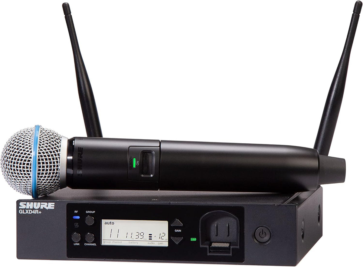 Shure GLXD24R+/B58 Dual Band Pro Digital Wireless Microphone System - 12-Hour Battery Life, 100 ft Range | BETA 58A Handheld Vocal Mic, Single Channel Rack Mount Receiver (GLXD24R+/B58-Z3)