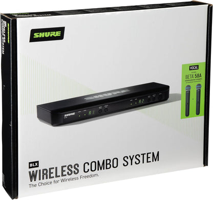 Shure BLX288/B58 Dual-Channel Wireless Audio System H11 Band (572–596 MHz) – BLX88 Receiver, (2) BLX2 Transmitters with Beta 58A Mic, Up to 14 Hr Battery, 300 ft Range