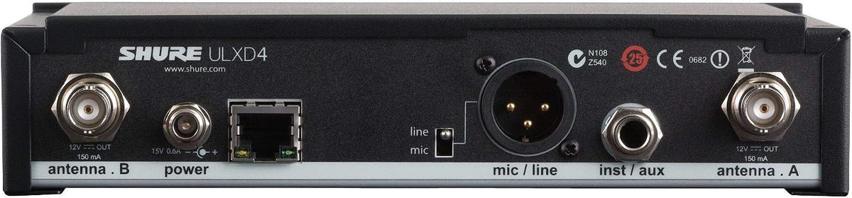 Shure ULXD4 Single Channel Receiver - for use with ULX-D Digital Wireless Microphone Systems, Transmitter Sold Separately | V50 Band (ULXD4=-V50)