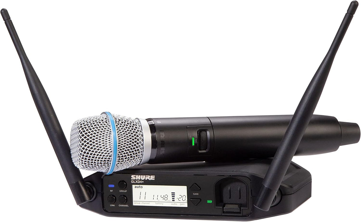 Shure GLXD24+/B87A Dual Band Pro Digital Wireless Microphone System – 12-Hour Battery, 100ft Range with BETA 87A Handheld Vocal Mic & Single Channel Receiver