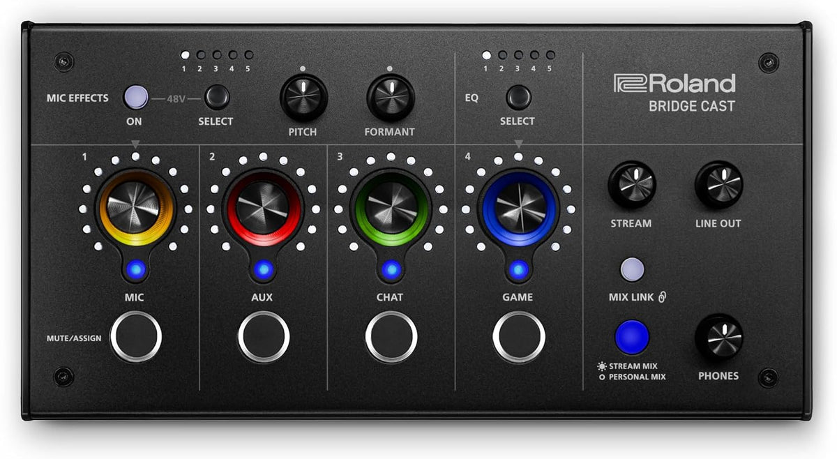 Roland BRIDGE CAST Dual Bus Gaming Mixer | Pro Audio Streaming Interface and Mixer for Online Gamers | 32-Bit Hardware DSP | USB-C Windows & Mac Connectivity | XLR Input for Mics | Black