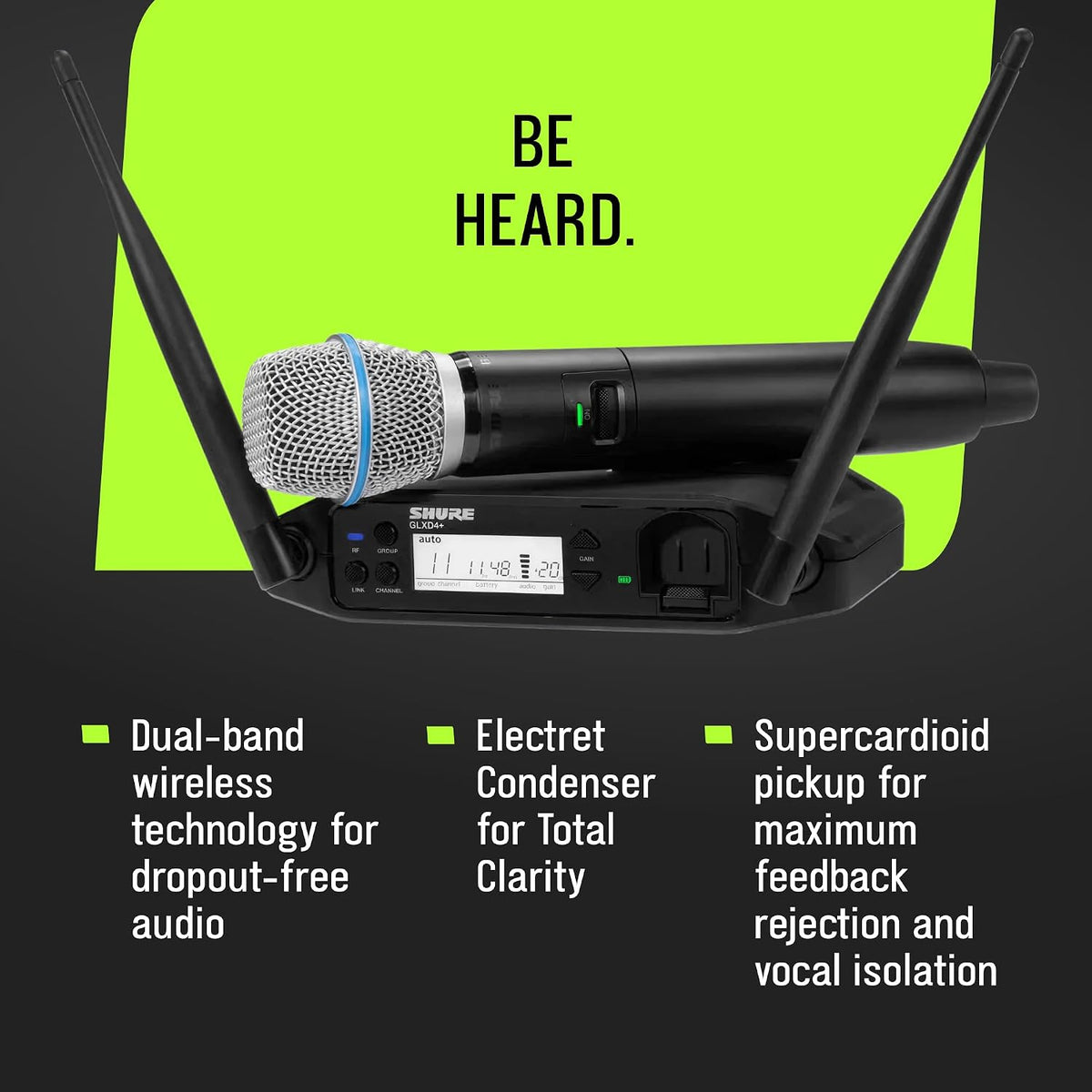 Shure GLXD24+/B87A Dual Band Pro Digital Wireless Microphone System – 12-Hour Battery, 100ft Range with BETA 87A Handheld Vocal Mic & Single Channel Receiver