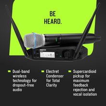 Shure GLXD24+/B87A Dual Band Pro Digital Wireless Microphone System – 12-Hour Battery, 100ft Range with BETA 87A Handheld Vocal Mic & Single Channel Receiver