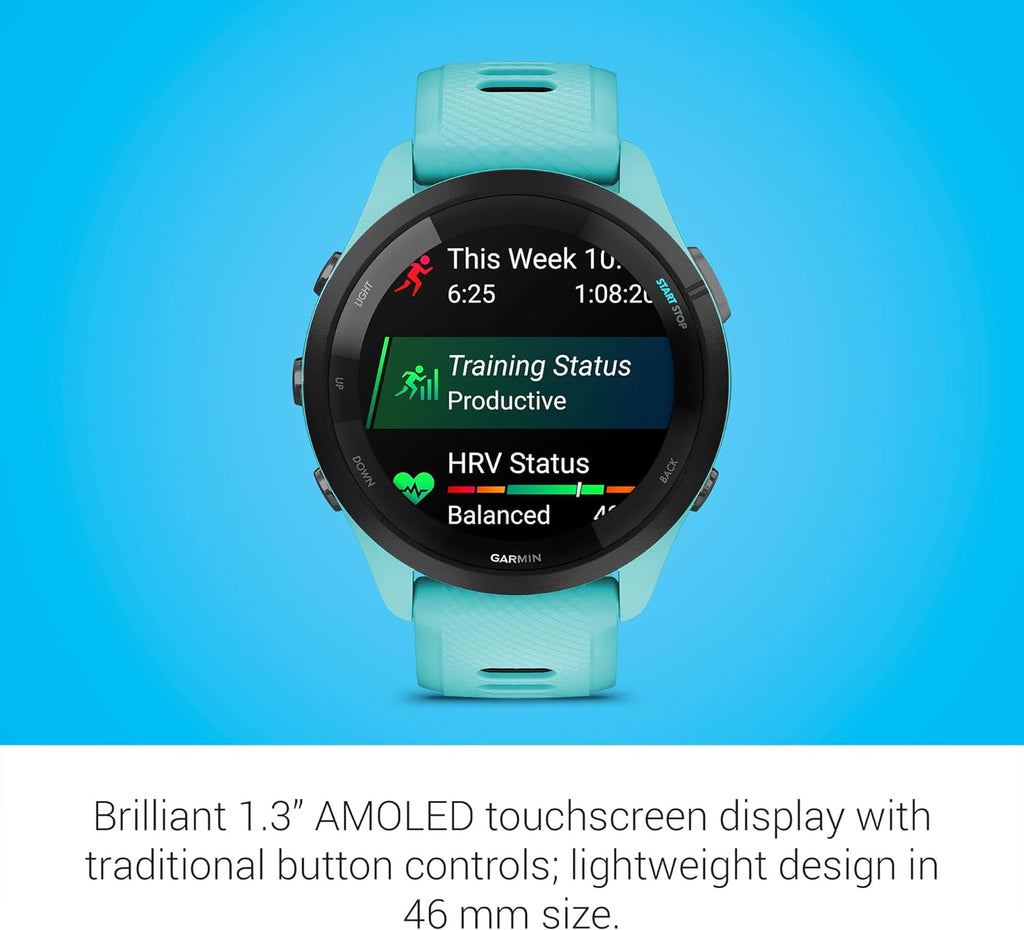 Garmin Forerunner® 265, Running Smartwatch, 46mm, Aqua/Black | Advanced Training Metrics & Recovery Insights, Music On Your Wrist, Garmin Coach, Daily Suggested Workouts