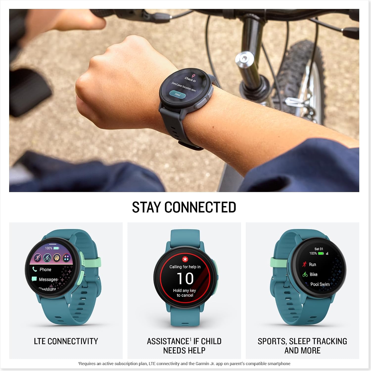 Garmin Bounce™ 2, Kids Smartwatch, Calling & Texting, 43mm, Turquoise | Two-Way Calling, Voice Messaging, Text Messaging, Real-Time Location Tracking, Active Subsciption Required for LTE Features