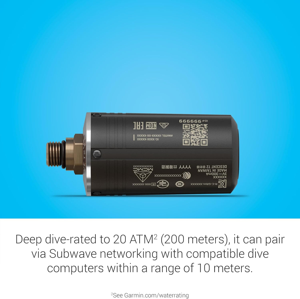Garmin Descent™ T2 Transceiver, Subwave™ Wireless Communication | Monitor Up to 8 Tanks When Under Water, Pair with Your Compatible Air-Integrated Descent™ Dive Computer (Sold Separately)